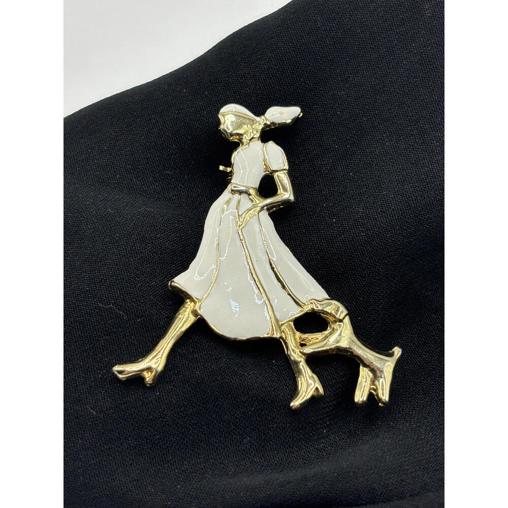 Unbranded Vintage Lady and Dog Brooch - Elegant Gold Tone Pin Enamel
